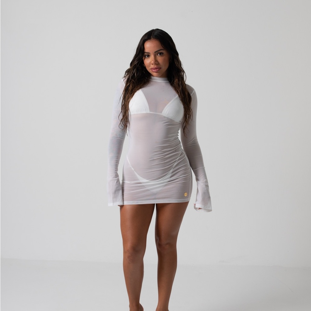 Sheer White Long Sleeve Mini Dress cover up swim